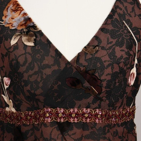 Y2K Brown Lace Halter Cami Top Floral Beaded Empire Bisou Bisou - Picture 6 of 10